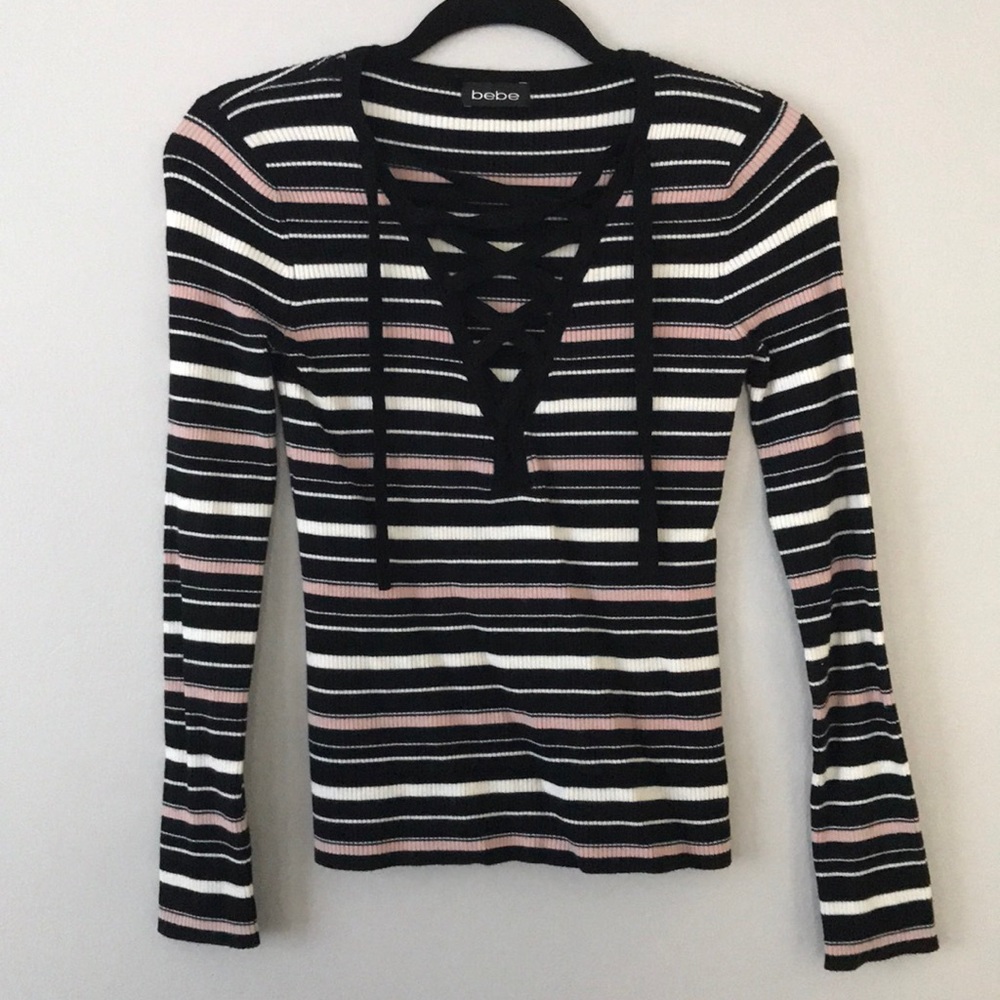 Bebe striped black, white and pink top